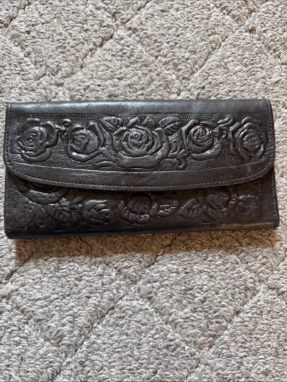 Made in Mexico Handmade Embossed Floral Leather Wallet - Black